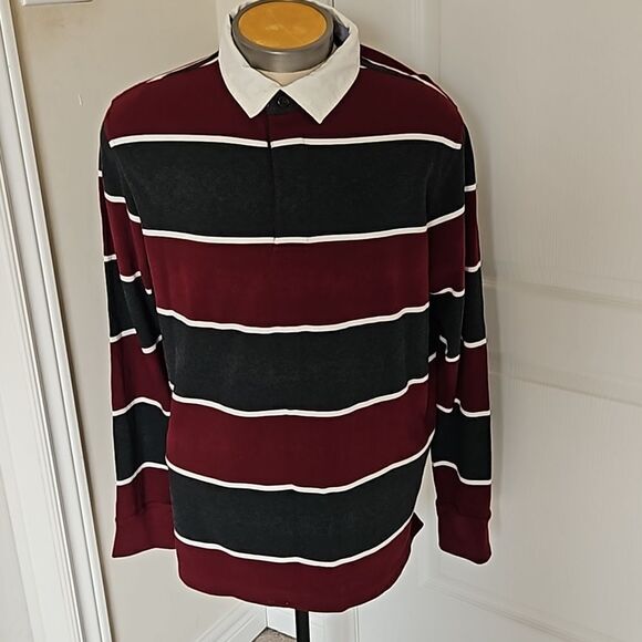 Denver Hayes Men's Polo Long Sleeves Cotton Shirt Large Burgundy/White LG - Picture 2 of 16